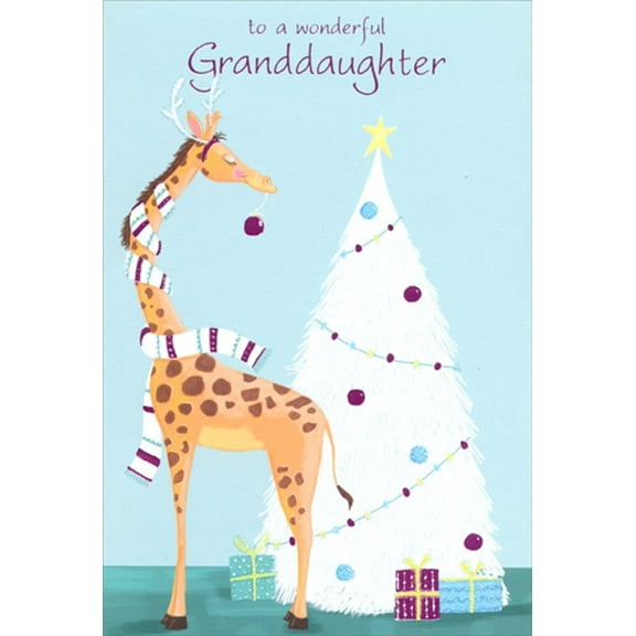 Pictura Giraffe with Pink Ornament and Scarf Granddaughter Christmas Card