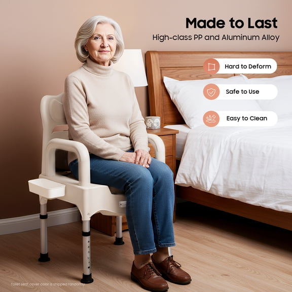 Adjustable Toilet Chair for Elderly & Disabled – Heavy Duty, Comfortable, with Armrests, Tissue Holder, Night Light, and Easy-to-Clean Design, Supports 551.16 Lbs