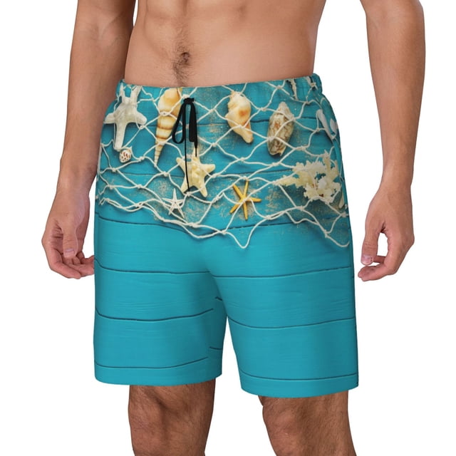 Fotbe Seashells And Fishing Net On Blue Wooden Table Traje de Baño para Hombre – Shorts de Natación de Secado Rápido con Forro y Bolsillos-Small