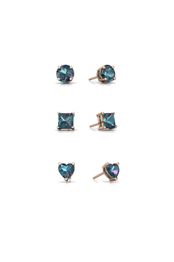 18k Rose Gold Plated 4mm Created Alexandrite 3 Pair Round, Square And Heart Stud Earrings