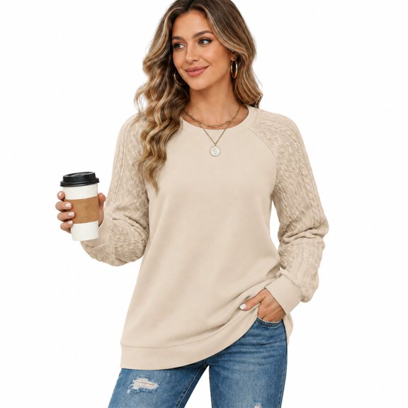 HIOK 2026 Crewneck Sweatshirt with Cable-Knit Patchwork Sleeves, Lightweight Loose-Fit Tunic for Casual Winter Layering