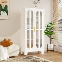 61.02" Metal Display Storage Cabinet,Tall Kitchen Pantry Cabinets with Acrylic Glass Doors and Adjustable Shelves,Freestanding Storage Cupboard for Kitchen, Living Room(White)