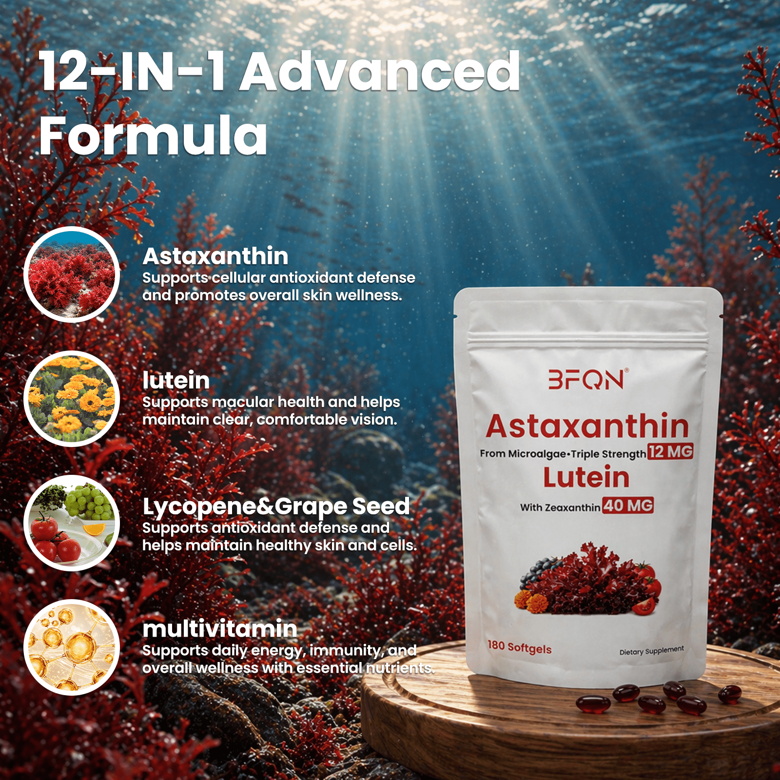 BFQN Astaxanthin 12mg & Lutein 40mg Softgels – 180 Softgels, 14-in-1 Eye Support Antioxidant Formula, Non-GMO, Gluten-Free