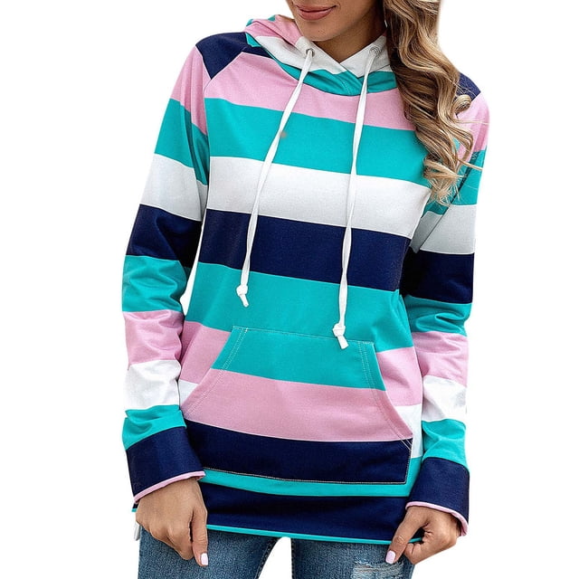 Sudadera con capucha de manga larga, sudadera con capucha para mujer, sudadera con cordón y rayas de colores, sudadera para mujer, mayor durabilidad