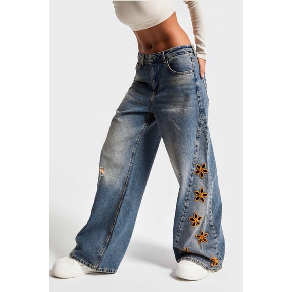 Wide-Leg Embroidered Flower Jeans