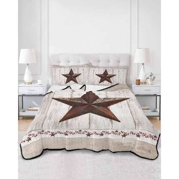 Quilts King Size, Farmhouse Soft Comforter Bedding Set for Bed, Rustic Brown Country Star Barn Berry Wooden Lightweight Quilted Bedspread with Pillow Cover(2 Pieces) for All Season, 96x106 Inch