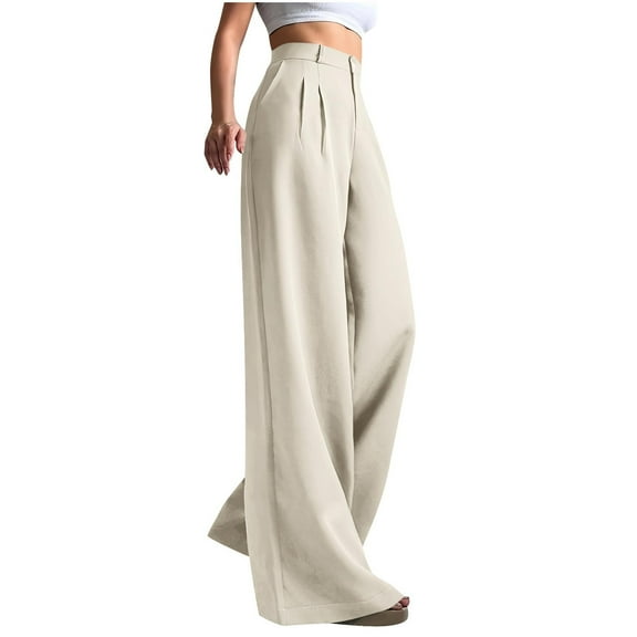 Breezora Women's Professional Wide Leg Trousers Flowy High Waist Work Pants for Business Casual Occasions L Size Beige