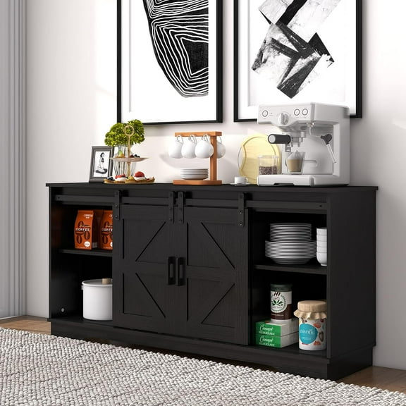 SSyao Bar Cabinet with Barn 2 Sliding Doors Buffet Farmhouse Storage Cabinet TV Stand (Black)