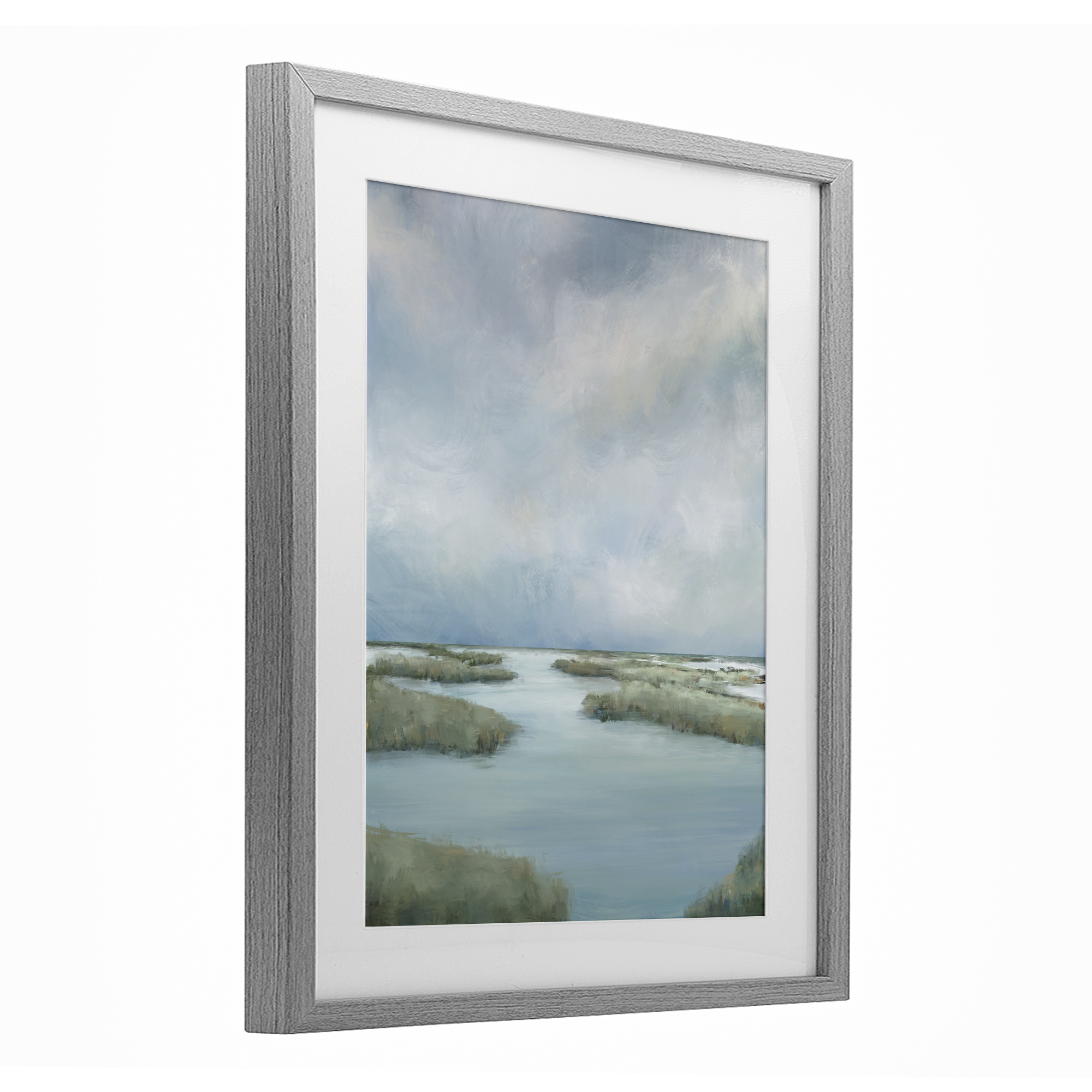 Hazy Marsh Land View Gray Framed Print Under Glass, design by Leah Noel Art
