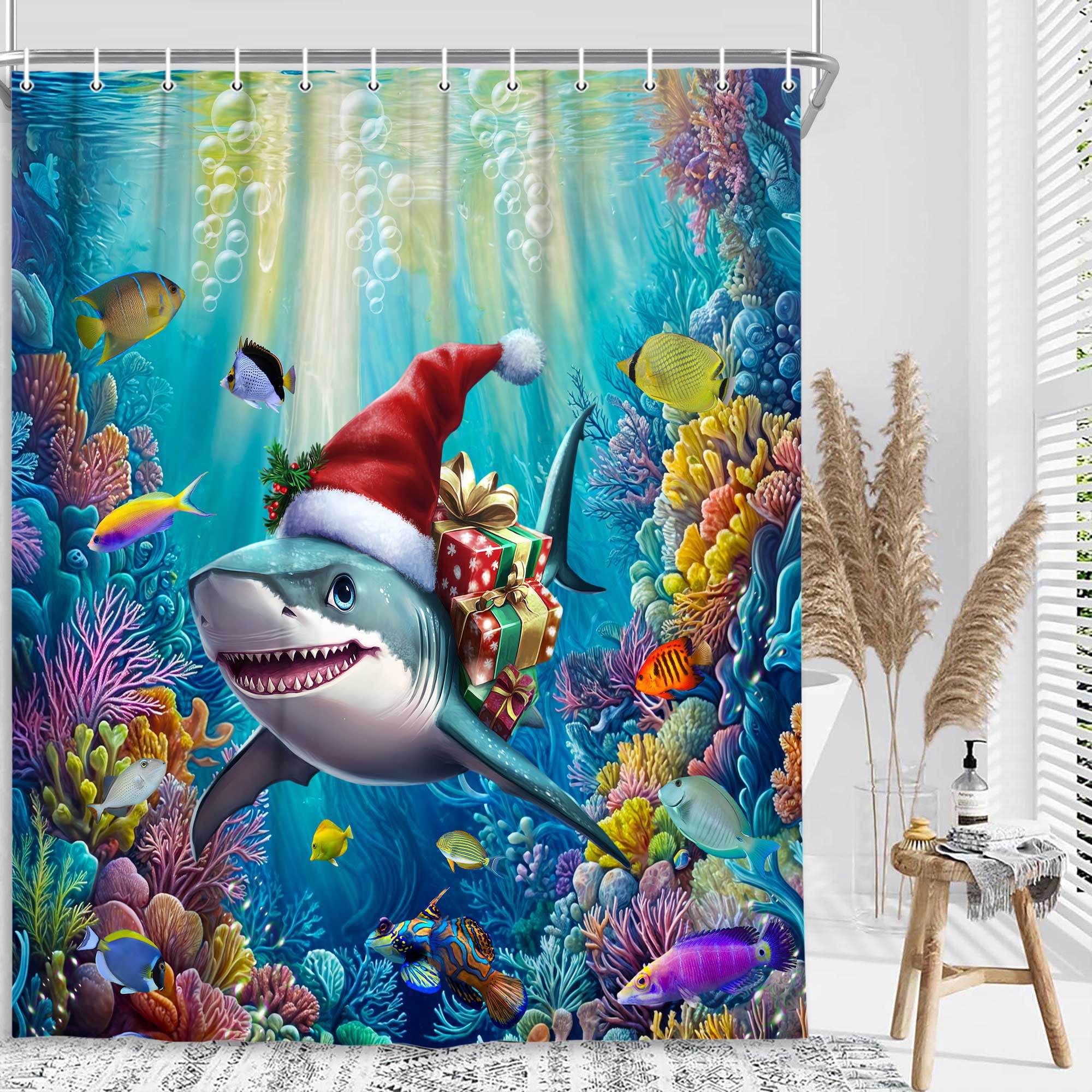 Funny Christmas Shark Shower Curtain, Underwater Ocean Fun Santa Hat Bath Curtain, Winter Kids Bathroom Accessories Colorful Tropical Fishes Coral Bathroom Curtains Set Hooks,72X72in