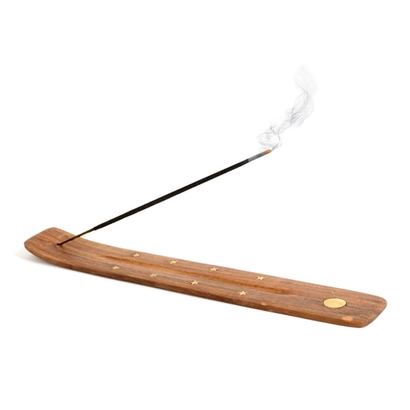 Wooden Incense Holder for Sticks with Inlays of Brass SUN 10 inches Long