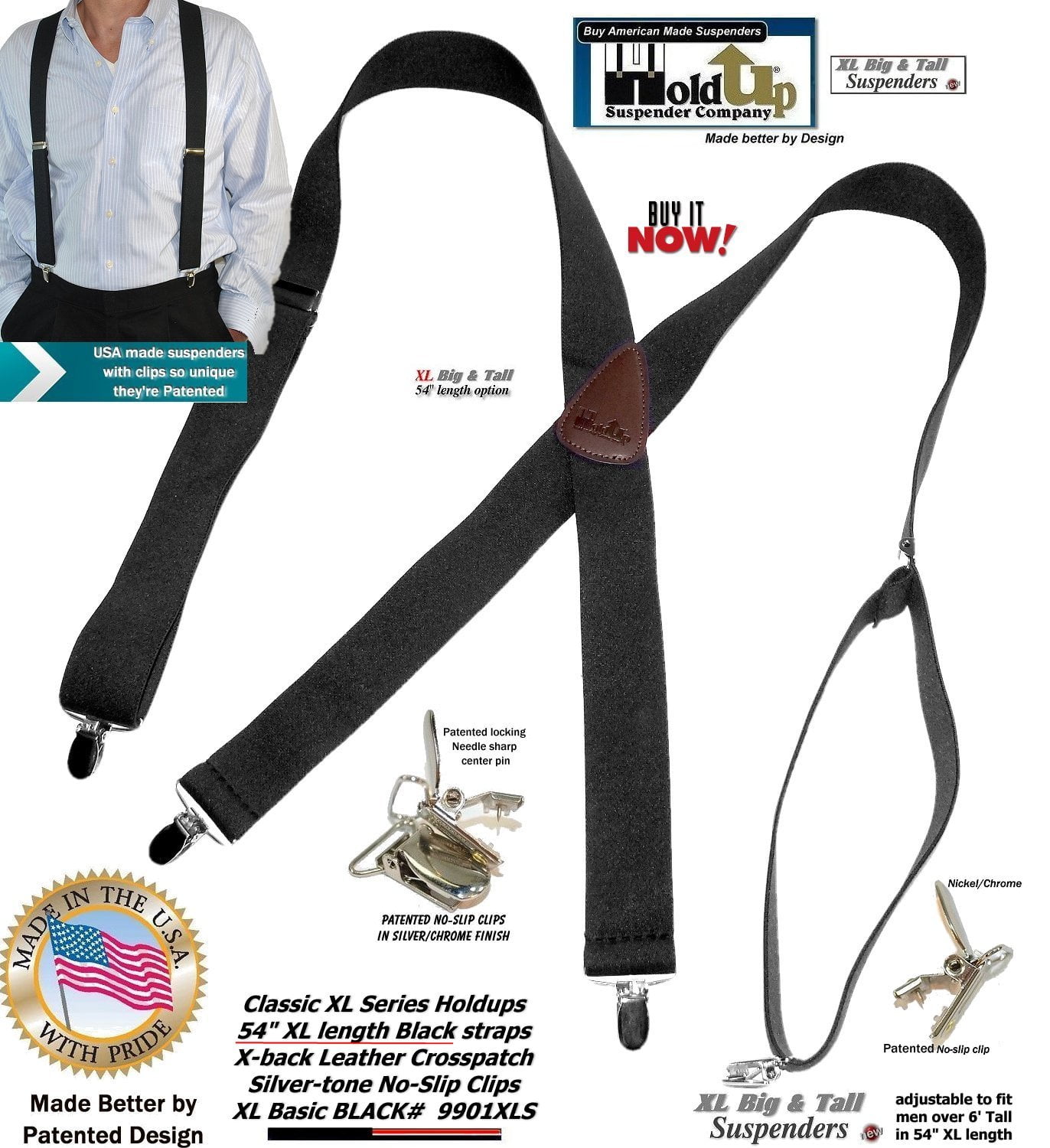 Holdup Suspender Holdup Suspender Classic Series Black XL 54"longer