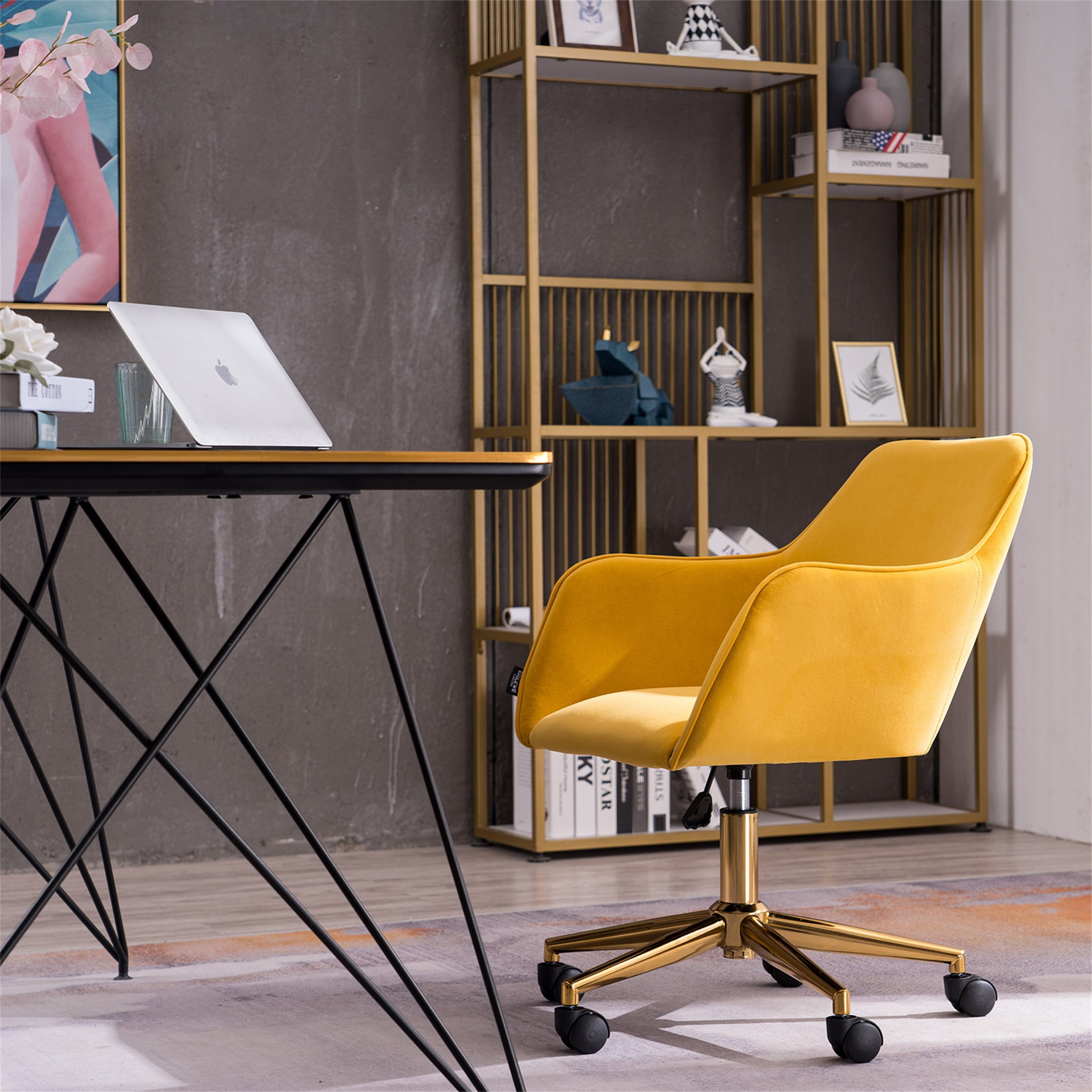 PORKISS Modern Velvet Fabric Office Chair, Height Adjustable 360° Swivel with Gold Metal Legs and Wheels, Yellow