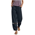 thumbnail image 3 of VBVC Women's Drawstring Cotton-Linen Harem Pants,Crochet Lace Hem Cropped Trousers For Women,Ladies Comfy Boho Beach Joggers with Pockets,Navy,S-2XL, 3 of 10