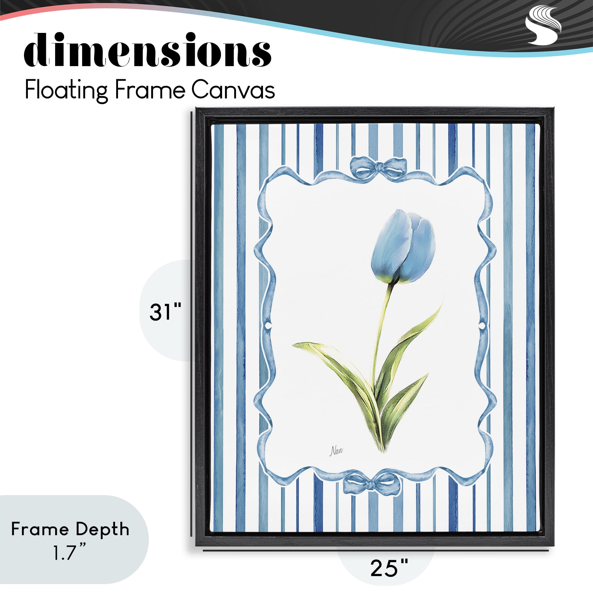 Stupell Industries Blue Tulip & Ribbon Border Black Framed Floater Canvas Wall Art, design by Nan