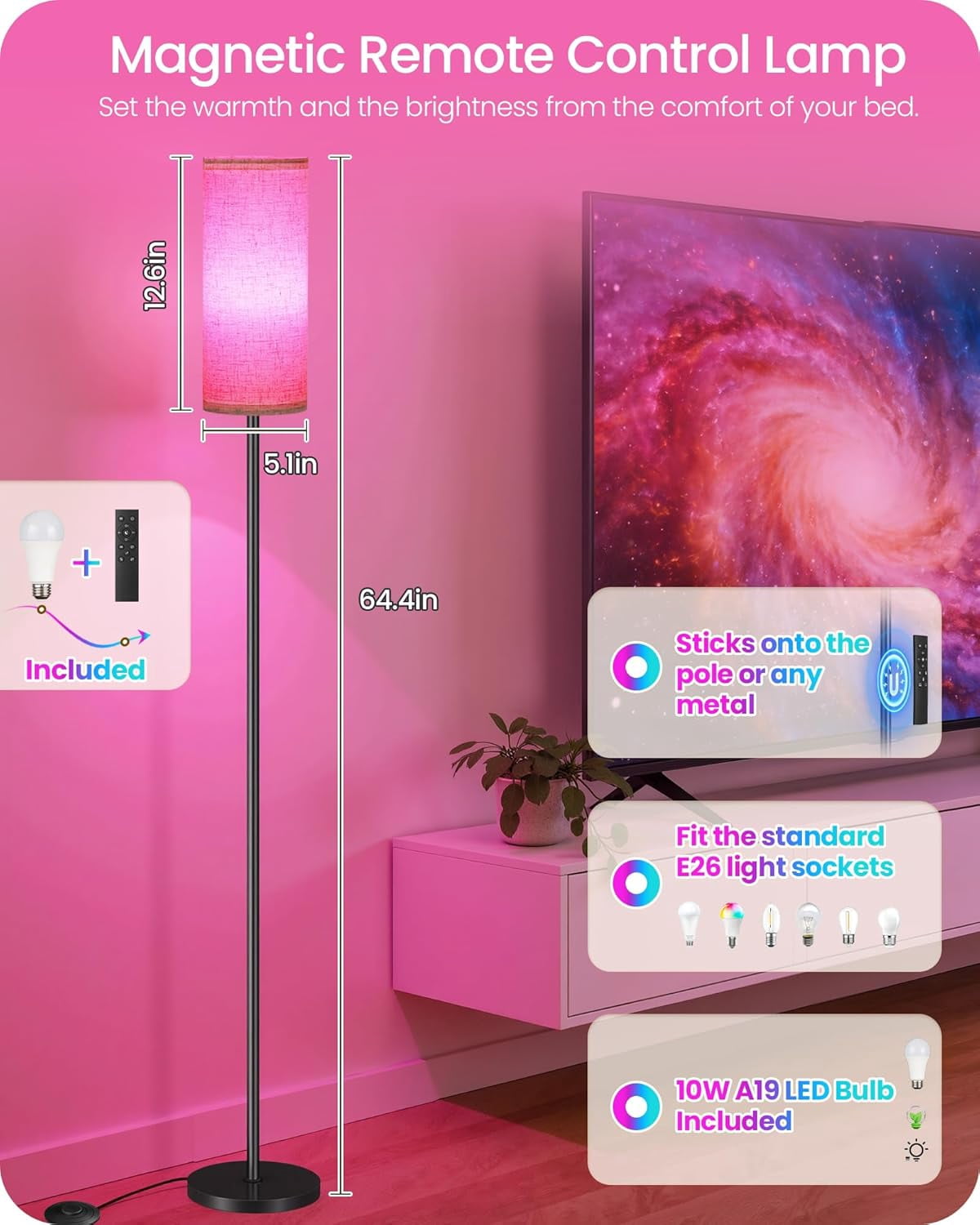 Dimmable RGB Floor Lamp with Color Changing Light, Remote & Foot Switch, Timer, 10W Smart Bulb Included for Bedroom & Living Room