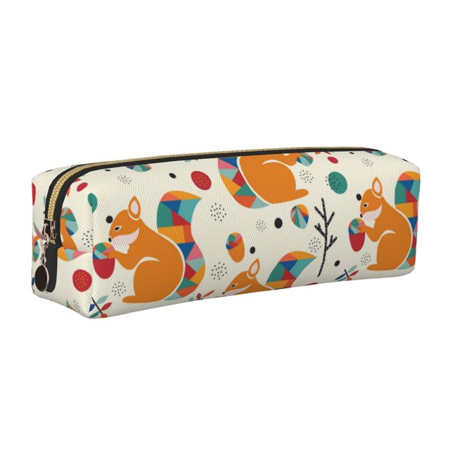 Fotbe Squirrel With Colorful Tail Estuche para Lápices de Cuero con Estampado, Estuche con Cremallera Resistente, Organizador Compacto y Elegante para Papelería