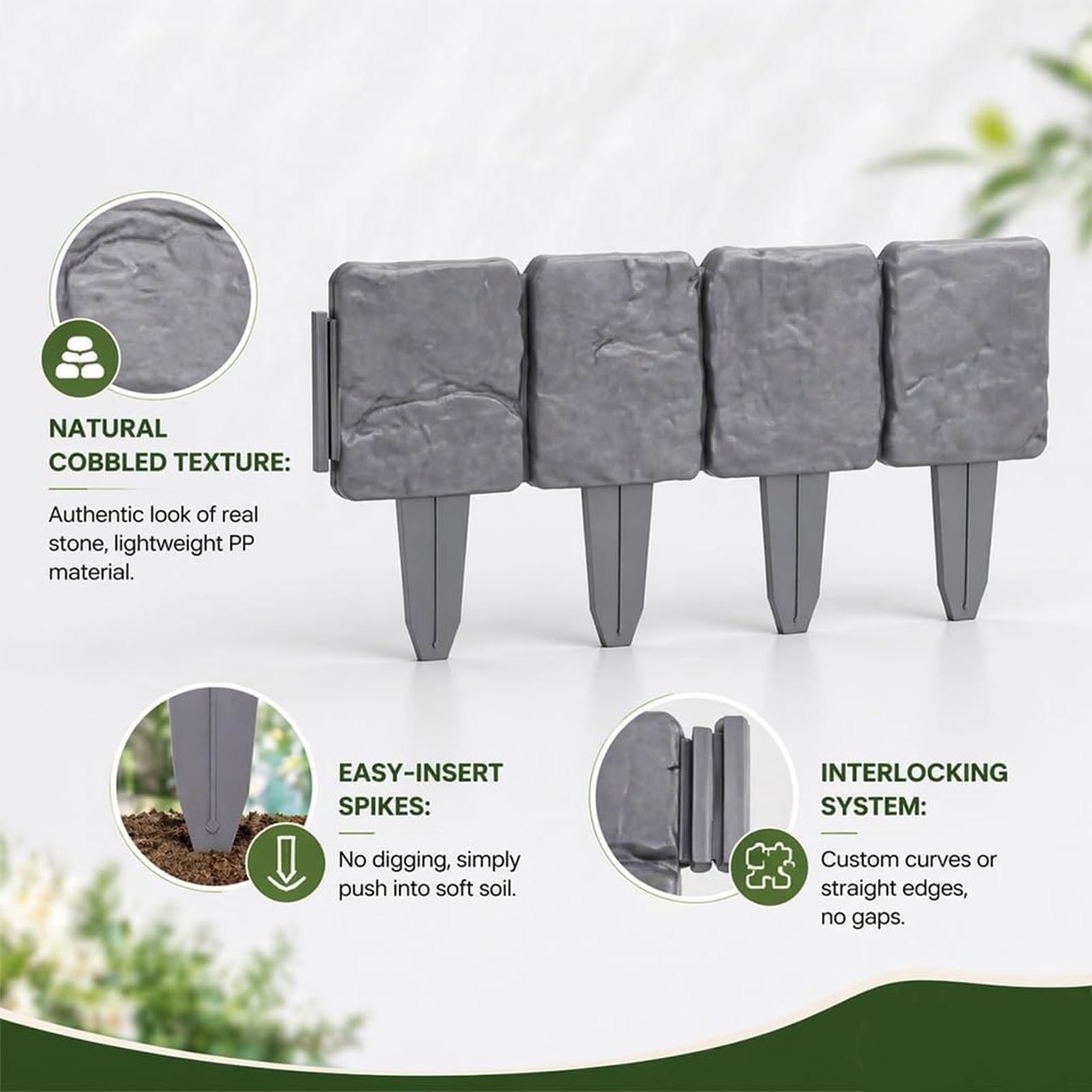 Imitation Stone Garden Fence Plastic Retaining Edging Border Grey Cobbled Effect Landscape Decor Interlocking Decorative Panels Flower Bed Path Lawn Outdoor Picket Yard Grass Edge