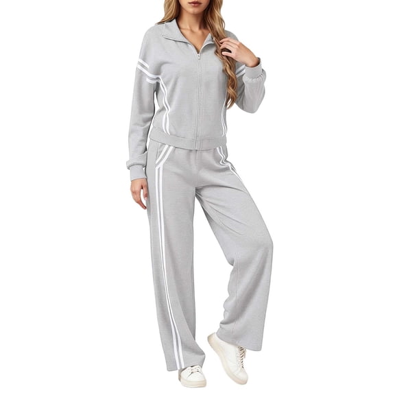 Valora Women Fashion Clothes Casual Two Piece Outfit Zip Up Tracksuit With Contrast Stripes And Wide Leg Jogger Pants For Travel Wear Womens Trousers Suit Seasonal Everyday Grey L