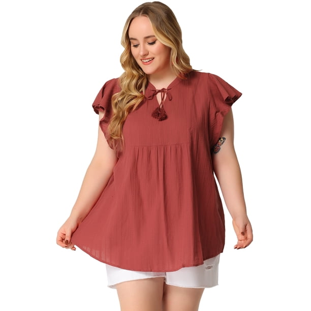 BluTúniManDe Aleteo Cuello V Dividido Verano Fluido Cordón TalGrande PaMujer Rojo Ladrillo XL
