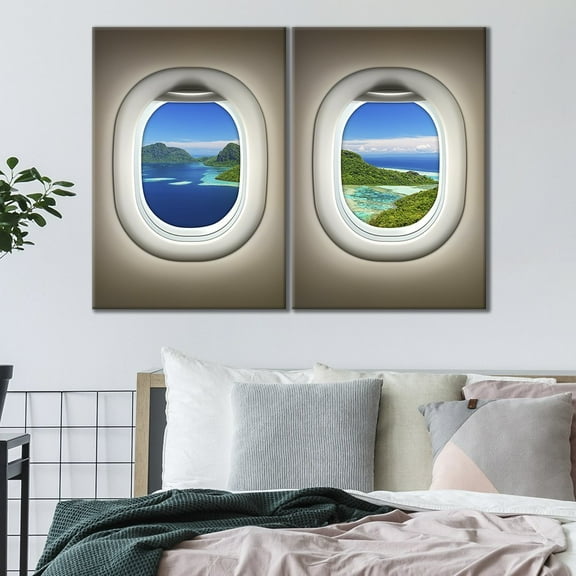 wall26 - 2 Panel Canvas Wall Art - Brown Plane Window Seat Tropical Green Island Ocean View - Giclee Print Gallery Wrap Modern Home Art Ready to Hang - 16"x24" x 2 Panels