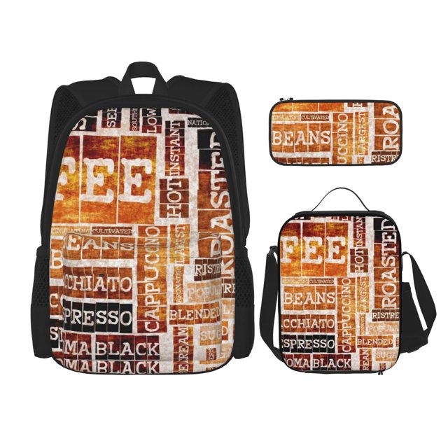 Balery Hand Drawn Vintage Coffee Mochila escolar 3 en 1 para niños: mochila resistente con lonchera térmica y estuche para lápices. Mochila escolar para niños y niñas.