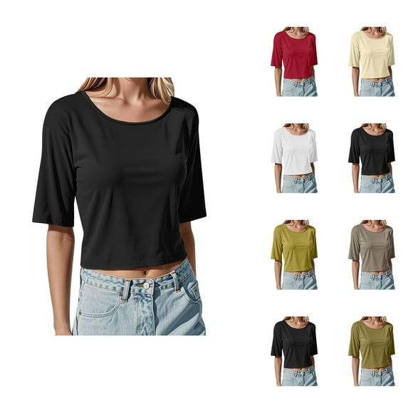 Womens T Shirts Summer Tops 2025 Short Sleeve Crewneck Ribbed Knit Cropped Slim Fit Tees Tshirts Shirts for Women