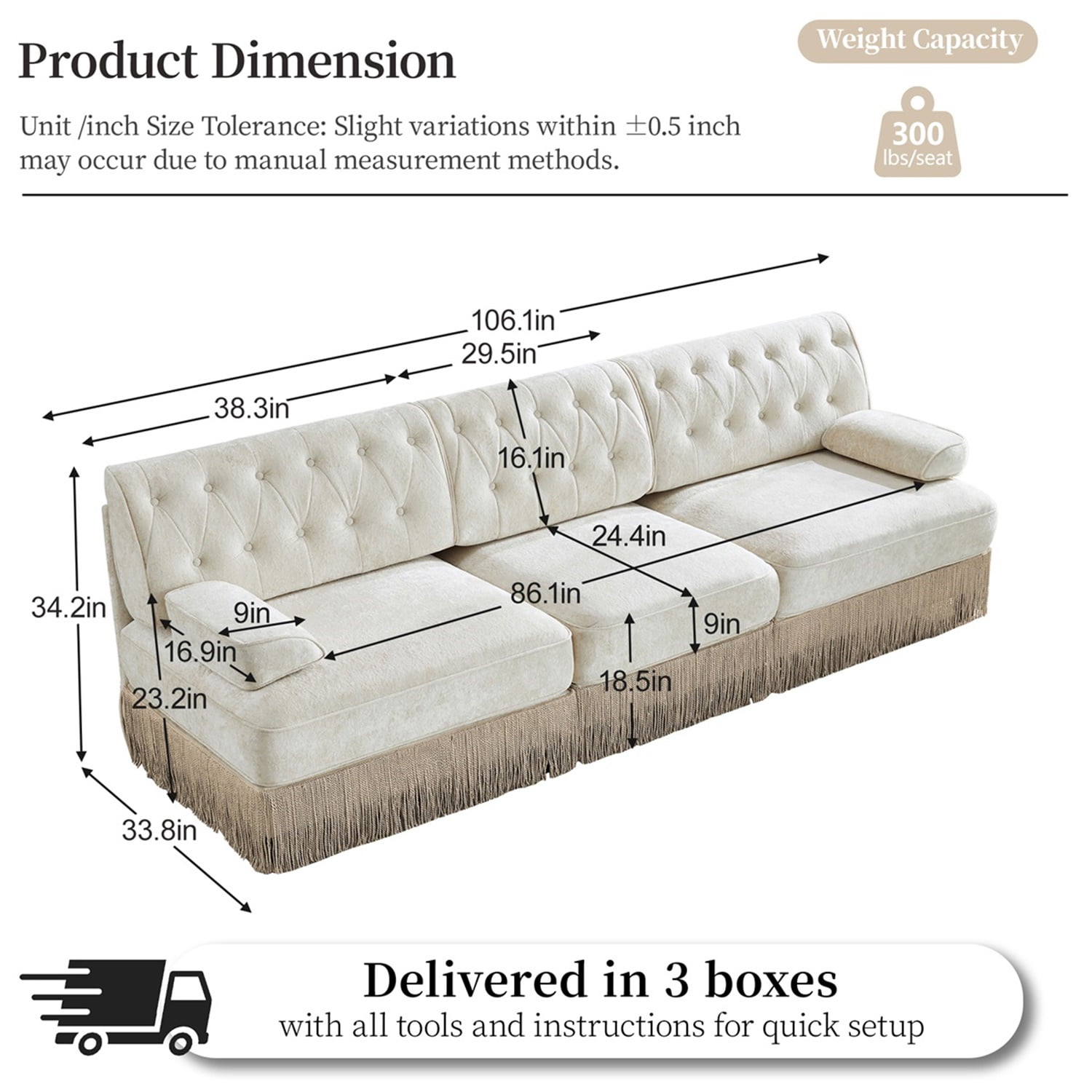 Hommoo 3-Seater Chesterfield Style Velvet Fabric Sofa Couch set, Tufted Button Upholstered Design and Floor-grazing Tassel, Free Combination Sectional Sofa, for Home, Beige