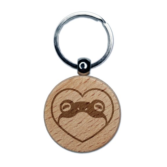 Frog Inside of Heart Round Keychain Charm Tag - Engraved Wood