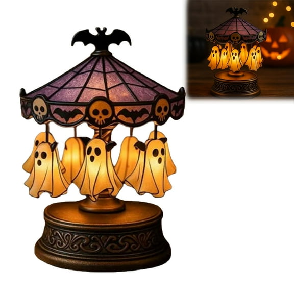 Ghost Carousel Lights, Halloween Light Up Ghost Night Light Decorations Indoor, USB Rechargeable - Vintage Carousel Decor with Floating Ghost, Spooky Reading Light