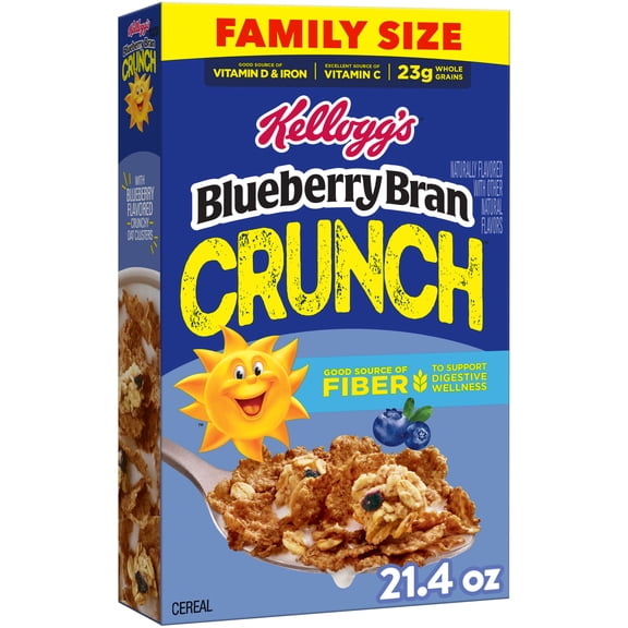 Kellogg's Blueberry Bran Crunch Crunch Original Breakfast Cereal, Good Source of Fiber, Family Size, 21.4 oz