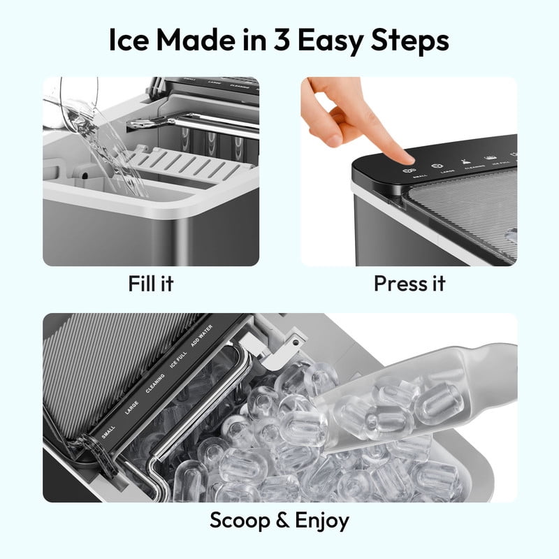 EUHOMY Countertop Ice Maker, Portable 2-Size Bullet Ice Machine with Self-Cleaning, 26.5 Lbs/24H, Grey