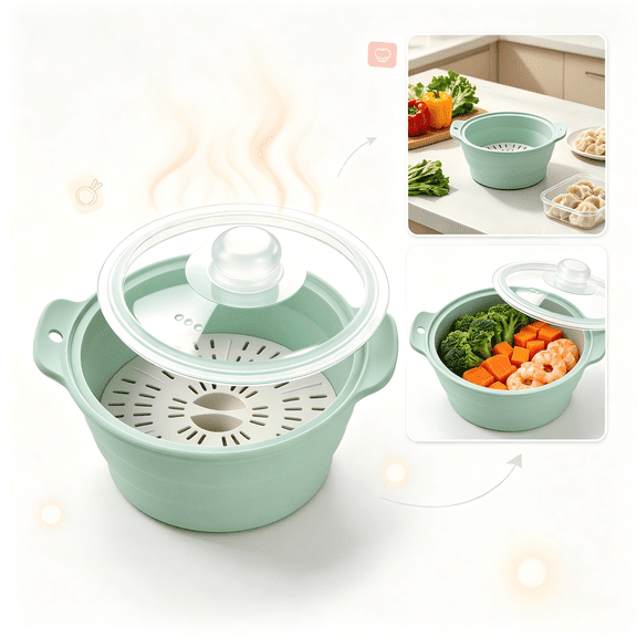 Collapsible Silicone Microwave Steamer, 42oz BPA-Free Steamer Basket with Removable Rack for Vegetables Seafood Dumplings