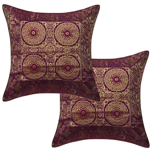 Stylo Culture Ethnic Couch Throw Pillow Covers 16x16 Jacquard Purple Square 40cm x 40cm Home Decor Brocade Floral Mandala Zippered Cushion Covers | Set Of 2