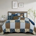 thumbnail image 3 of Home Soft Things 8-Piece Floral Plaid Patchwork Bedspread Set, Reversible & Soft - Dark Blue - Queen (106" x 106"), 3 of 8