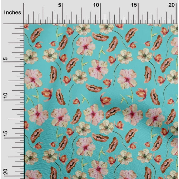 oneOone Georgette Viscose Turquoise Blue Fabric Flower Watercolor Dress Material Fabric Print Fabric By The Yard 42 Inch Wide