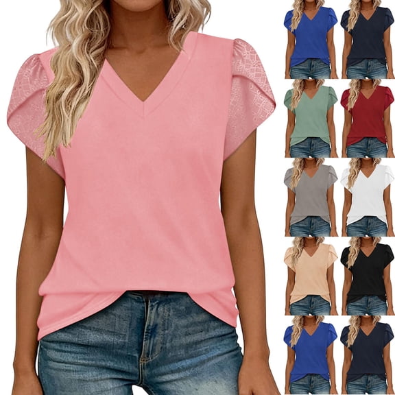 Feancey Womens V Neck T-Shirts Eyelet Petal Sleeve Summer Tops Dressy Casual Business Blouse Comfy Loose Pullover Tees Birthday Gifts Khaki XL