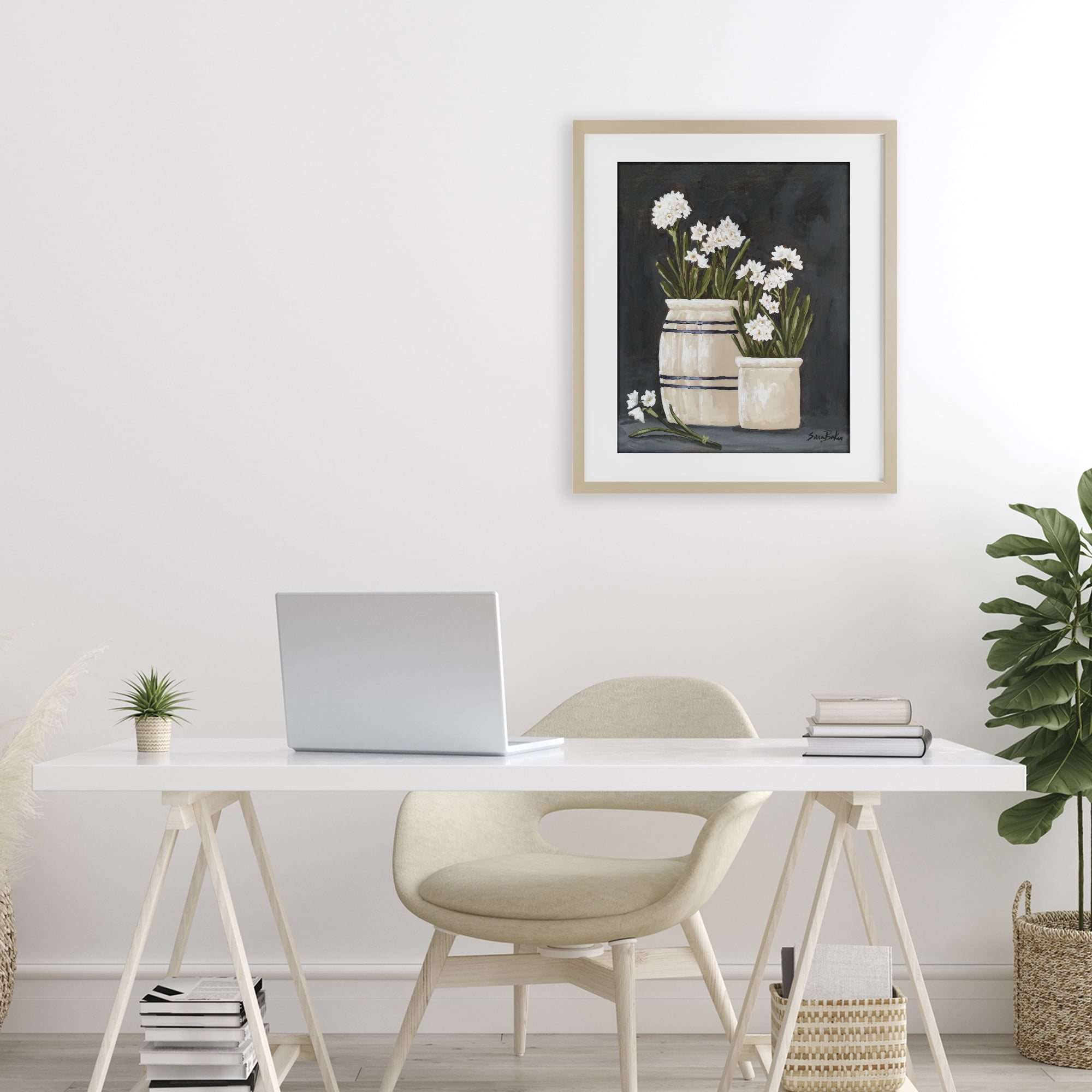 Stupell Industries Vintage Crocks & Paperwhites Birch Framed Print Under Glass, design by Sara Baker