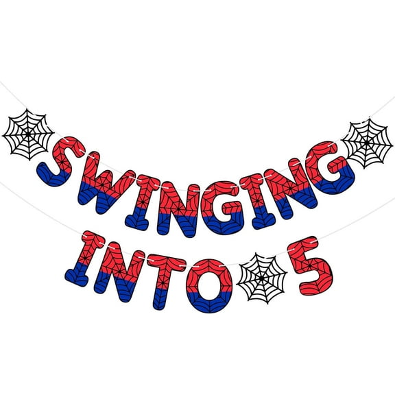 Spider Theme 5th Birthday Banner, Pre-strung Swinging into 5 Banner, Ghost Spider 5th Birthday Decorations Party Supplies for Kids, Fifth Decor for 5 Years Old Boys Girls(Multicolor)