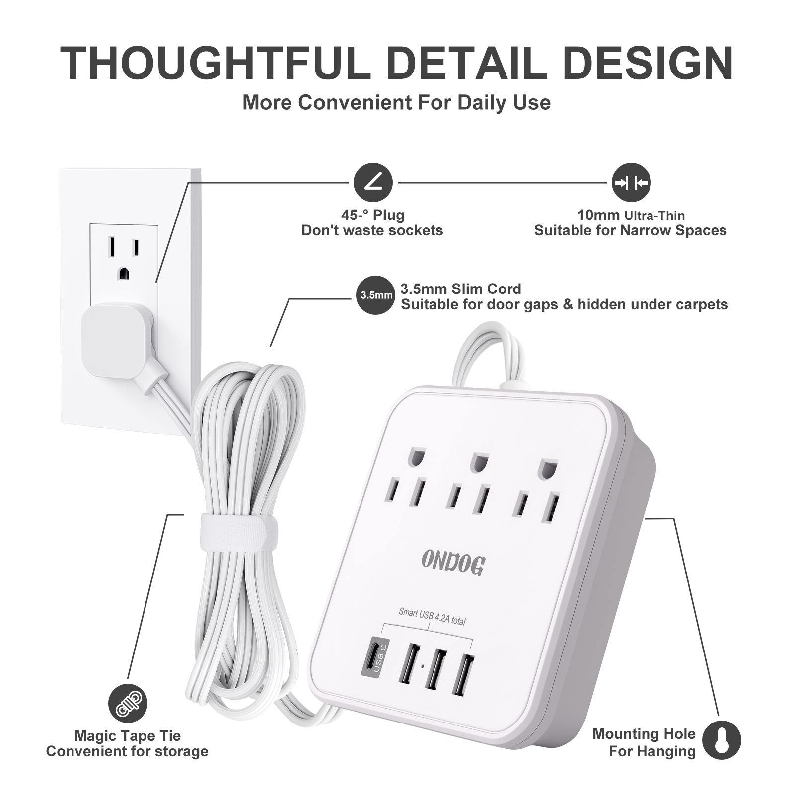 ONDOG Power Strip with USB-C, 3 AC Outlets & 4 USB Ports photo 4
