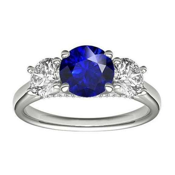 Harry Chad Enterprises 68458 2.50 CT Three Stone Round Blue Sapphire Ring & Round Diamonds, Size 6.5