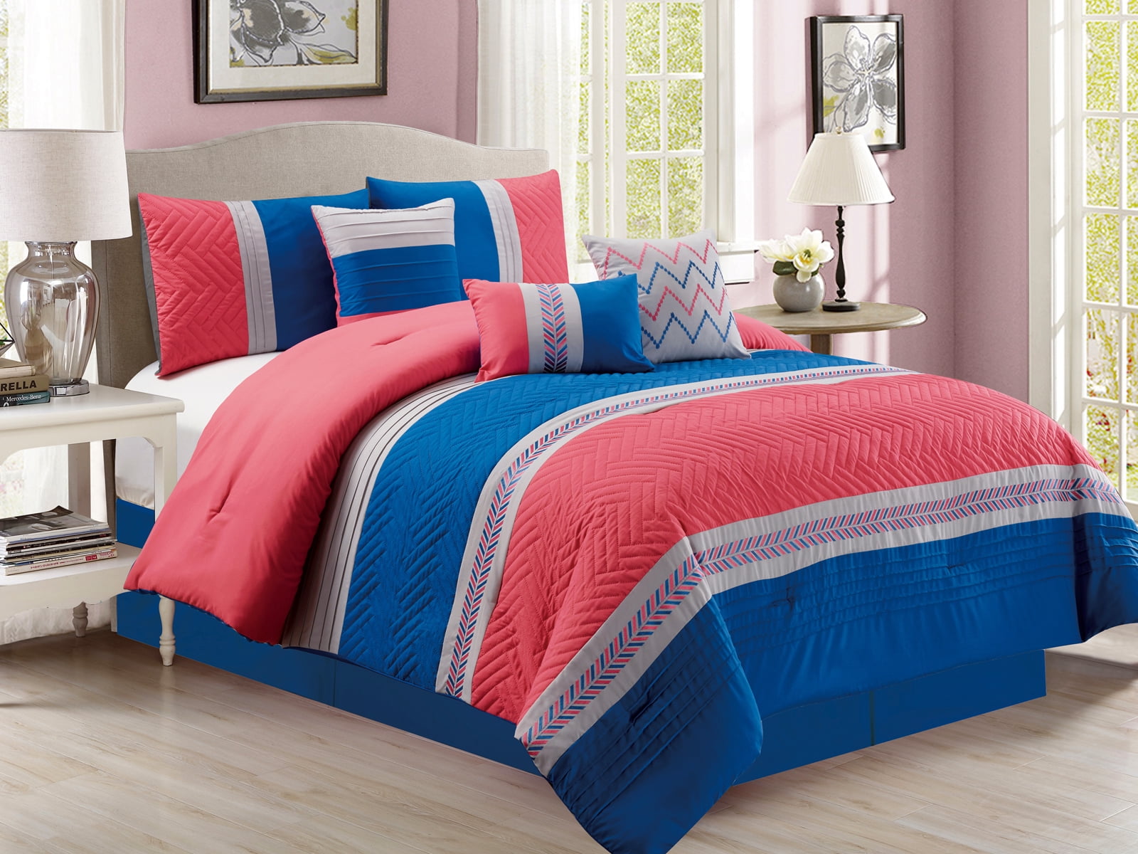 7Pc Herringbone Stripe Pleated Embossed Embroidery Comforter Set Pink