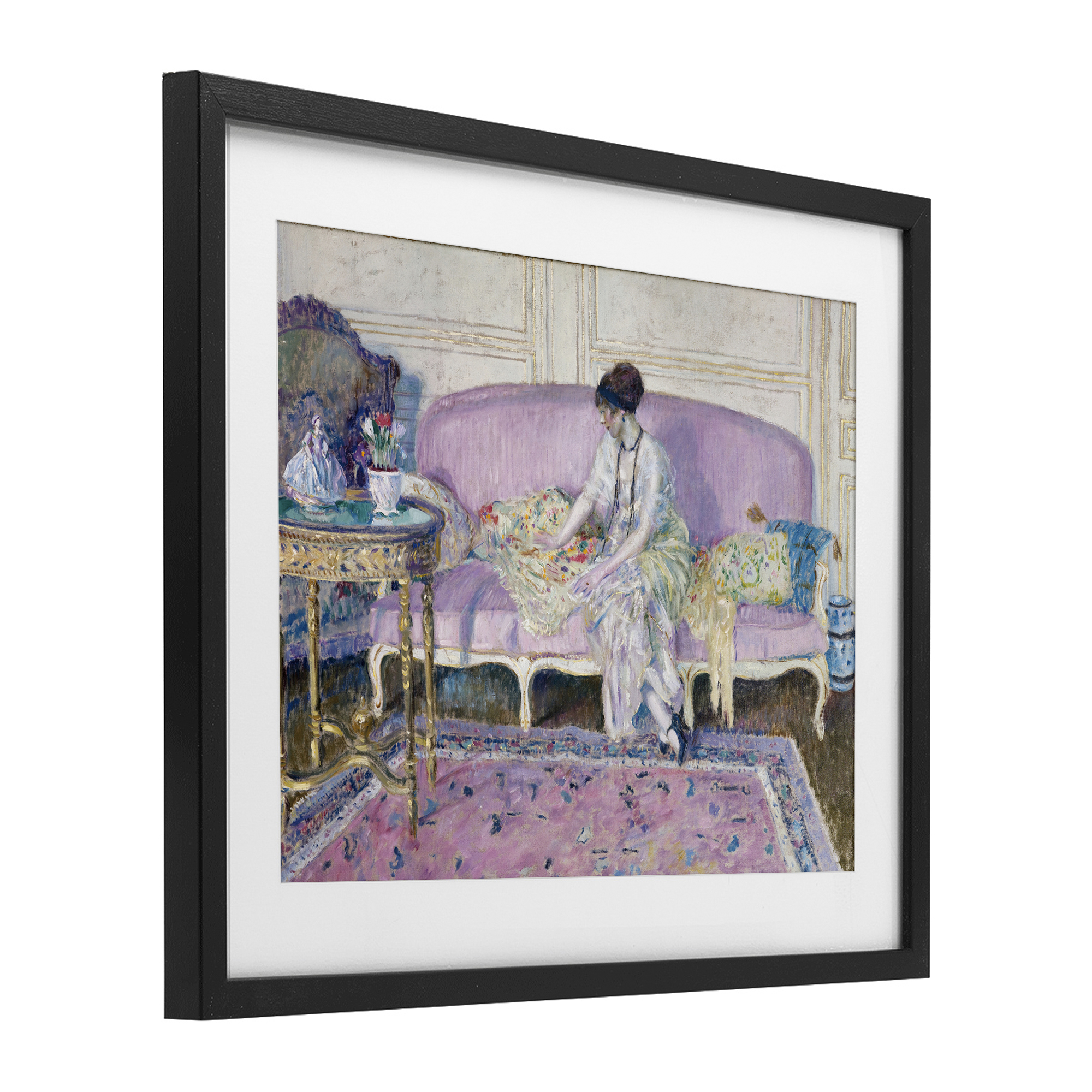 Woman Seated on Sofa Black Framed Print Under Glass, design by Wild Apple Portfolio
