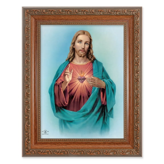 Sacred Heart of Jesus Picture Framed Wall Art Decor Medium, Antiqued Dark Mahogany Finished Frame with Acanthus-Leaf Detail