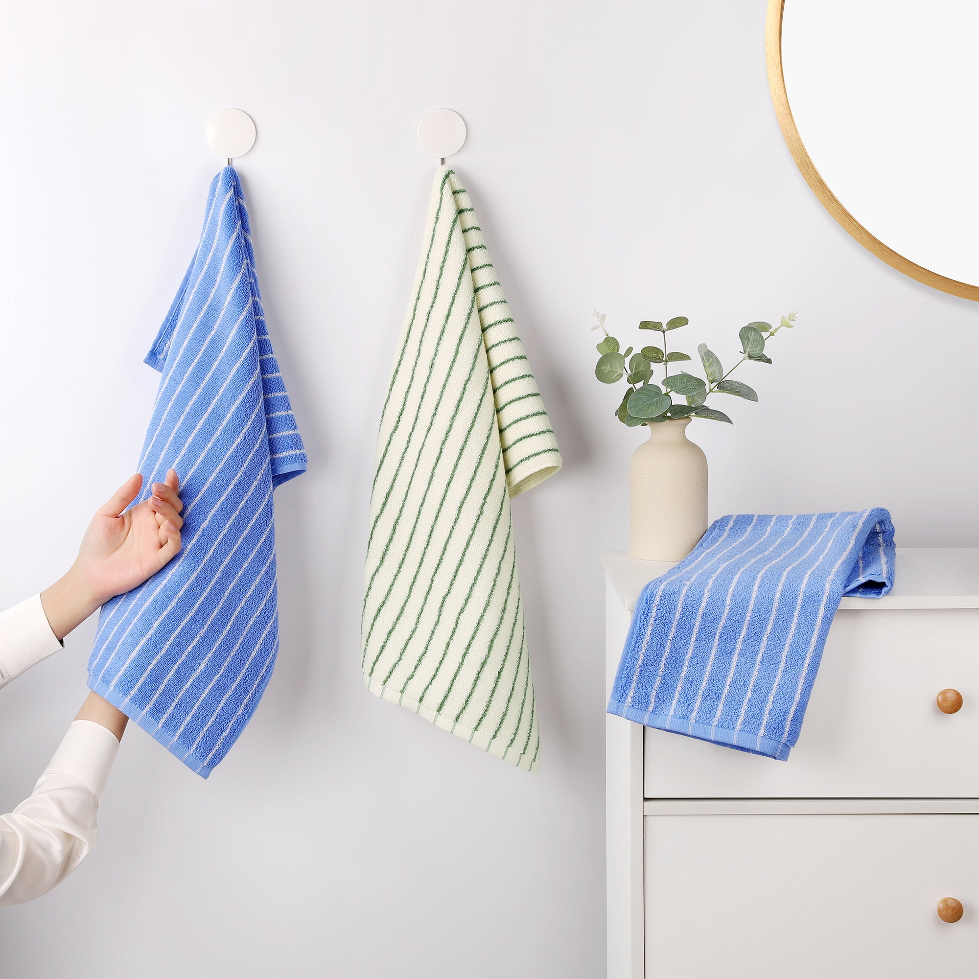 Unique Bargains Classic Stripe Bath Hand Towels Cotton Soft Absorbent Green 2-Piece