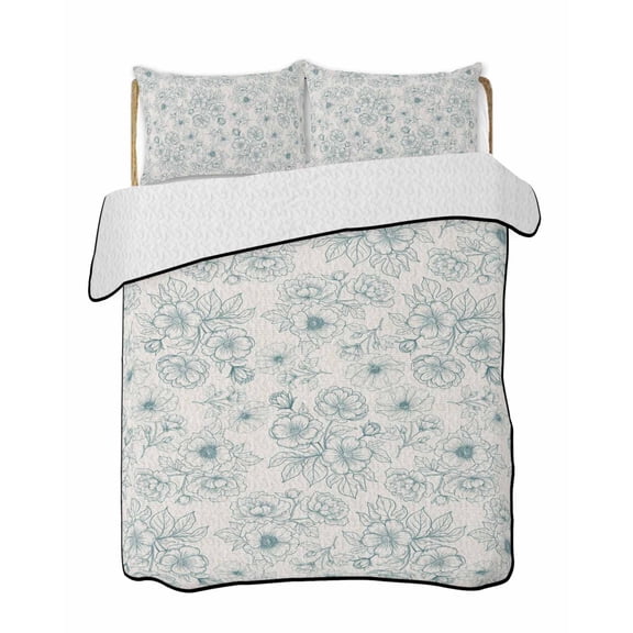 Quilts Full Size Bedding Set, Botanical Flowers Lightweight Quilted Comforter, Farmhouse Blue Floral Patterned Soft Reversible Bedspread Coverlet with Pillow Covers for All Season, 78" x 90"