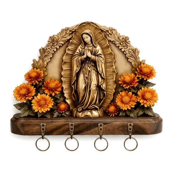 Our Lady of Guadalupe Wall Key Rack - Wood-Look Key Holder with 4 Hooks, Religious Home Decor & Entryway Organizer(2D)