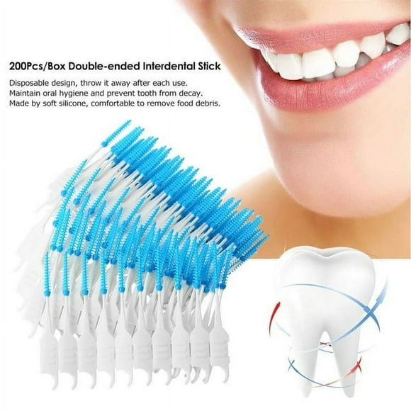 HLONK 200Pcs Floss Braces Brush Interdental Brush Teeth Toothpicks Cleaners Soft Silicone Double- Ended Tooth Picks Floss Sticks for Adults Necessary for Cleaning Teeth Blue
