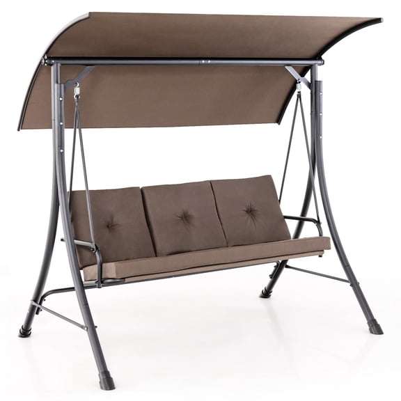 3-Seat Outdoor Porch Swing With Adjustable Canopy, Brown Cushions & Metal