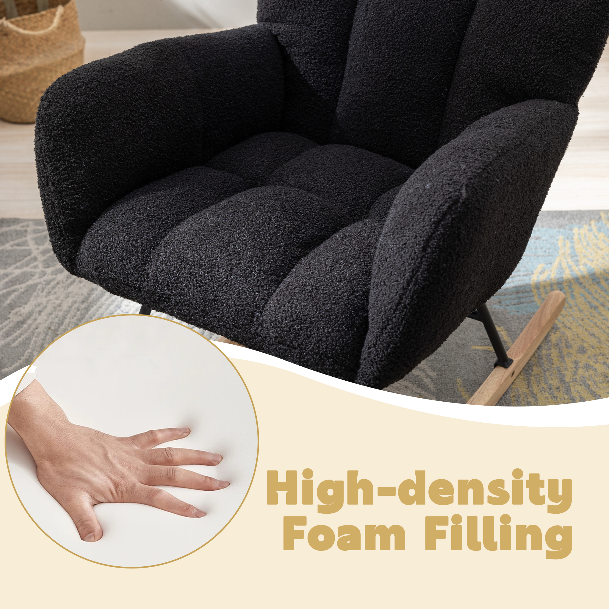 Hforesty Nursery Rocking Chair Teddy Upholstered Glider Rocker,with Comfortable Armchair for Living Room & Nursery, BLACK